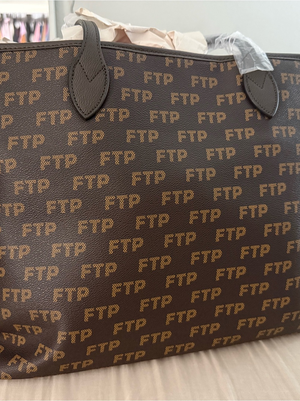 FTP Brown Monogram Canvas Tote Bag with Tan Logo Print